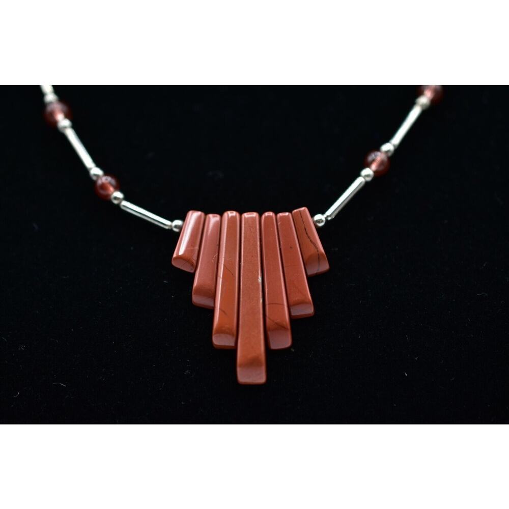 Vintage Silver Beaded Collar Necklace Clay Red Faux Stone Boho Tribal 80s BinA